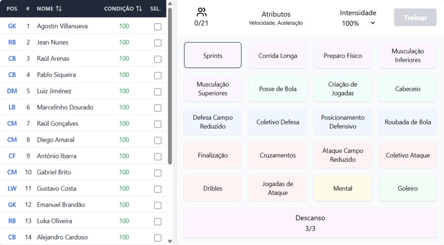 tela de trainamento do clube